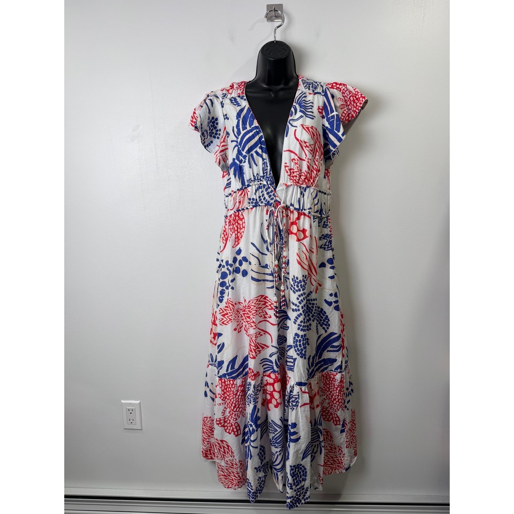 Farm Rio Mixed Lobsters Print Tiered Cotton Dress Women Small